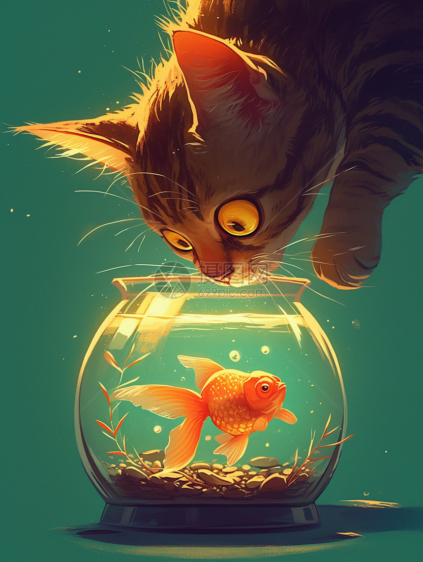 凝视着鱼缸里的鱼的卡通小馋猫图片