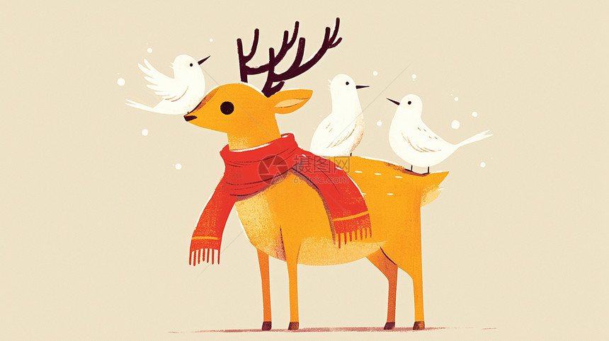 围着红色围巾的黄色卡通鹿身上落着几只小鸟图片