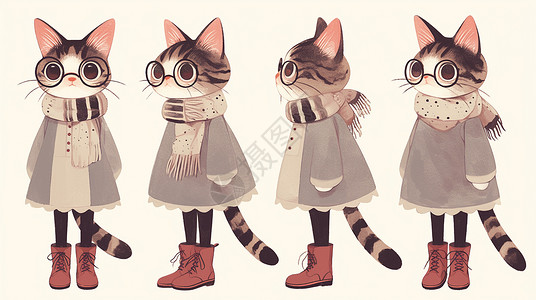 穿大衣小姑娘围着围巾穿大衣的可爱卡通小花猫插画