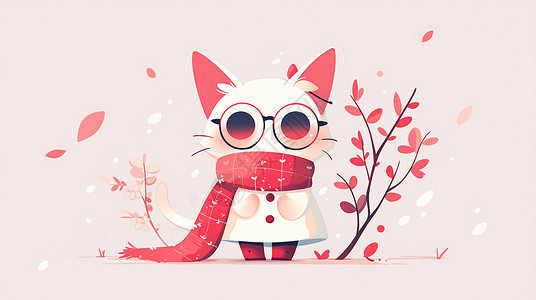 红宽边框素材围着红围巾戴着黑框眼镜的可爱卡通小猫插画