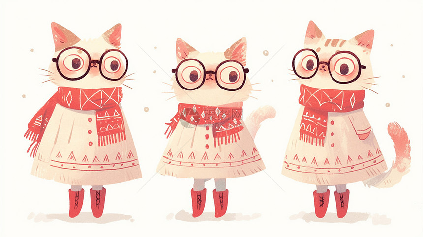 围着红色围巾戴着眼镜的可爱卡通小猫图片