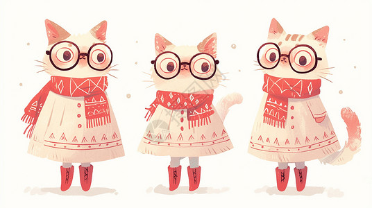 红色条框围着红色围巾戴着眼镜的可爱卡通小猫插画
