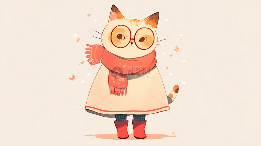 围着红色围巾戴着眼镜的可爱卡通猫图片
