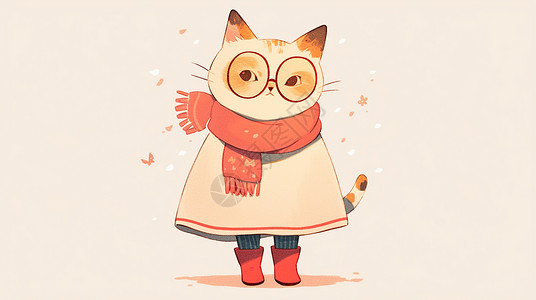 红色背景框围着红色围巾戴着眼镜的可爱卡通猫插画
