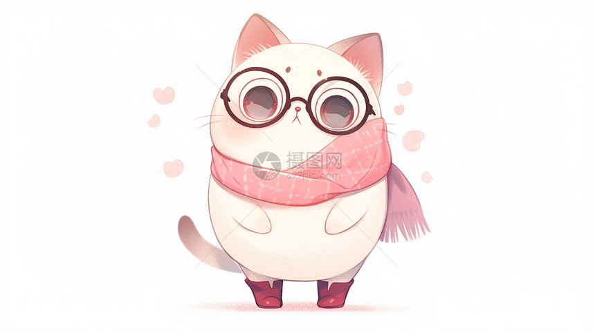 围着红色围巾戴着黑框眼镜的可爱卡通小白猫图片