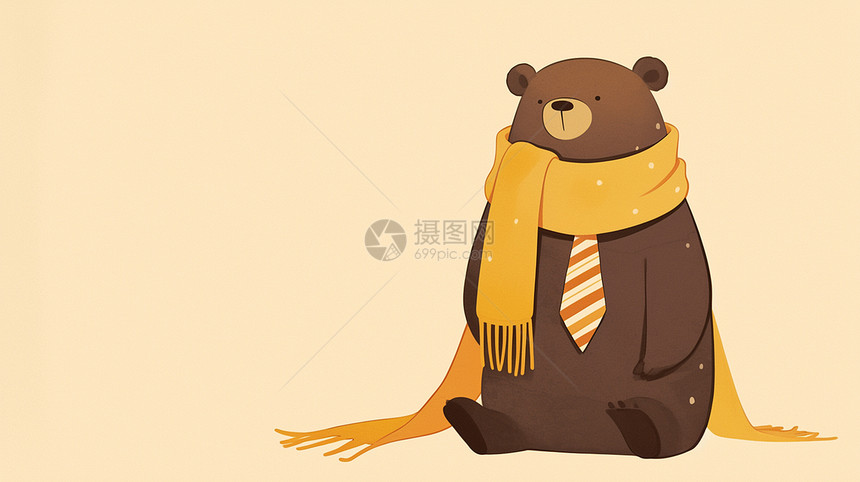 围着黄色长围巾的卡通小棕熊插画图片