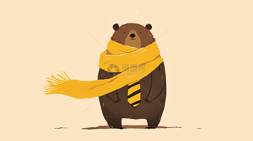 围着黄色围巾的卡通小棕熊插画图片