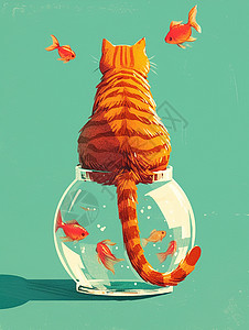 坐在透明玻璃鱼缸上的卡通大肥猫高清图片