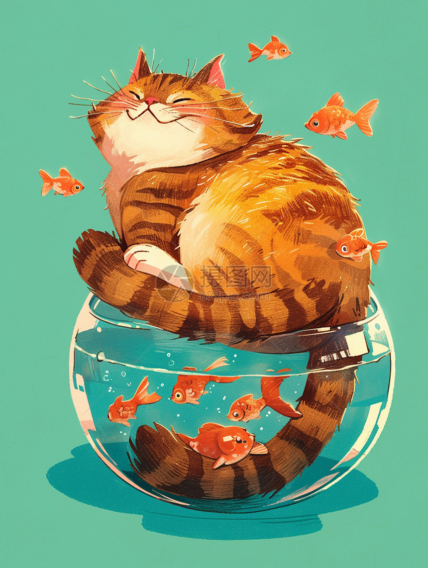坐在透明玻璃鱼缸的卡通大猫图片