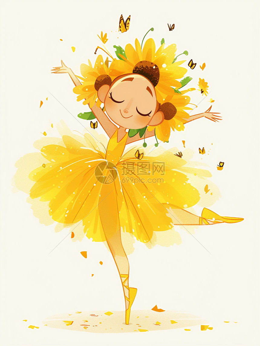 身穿黄色连衣裙开心跳舞的女孩图片