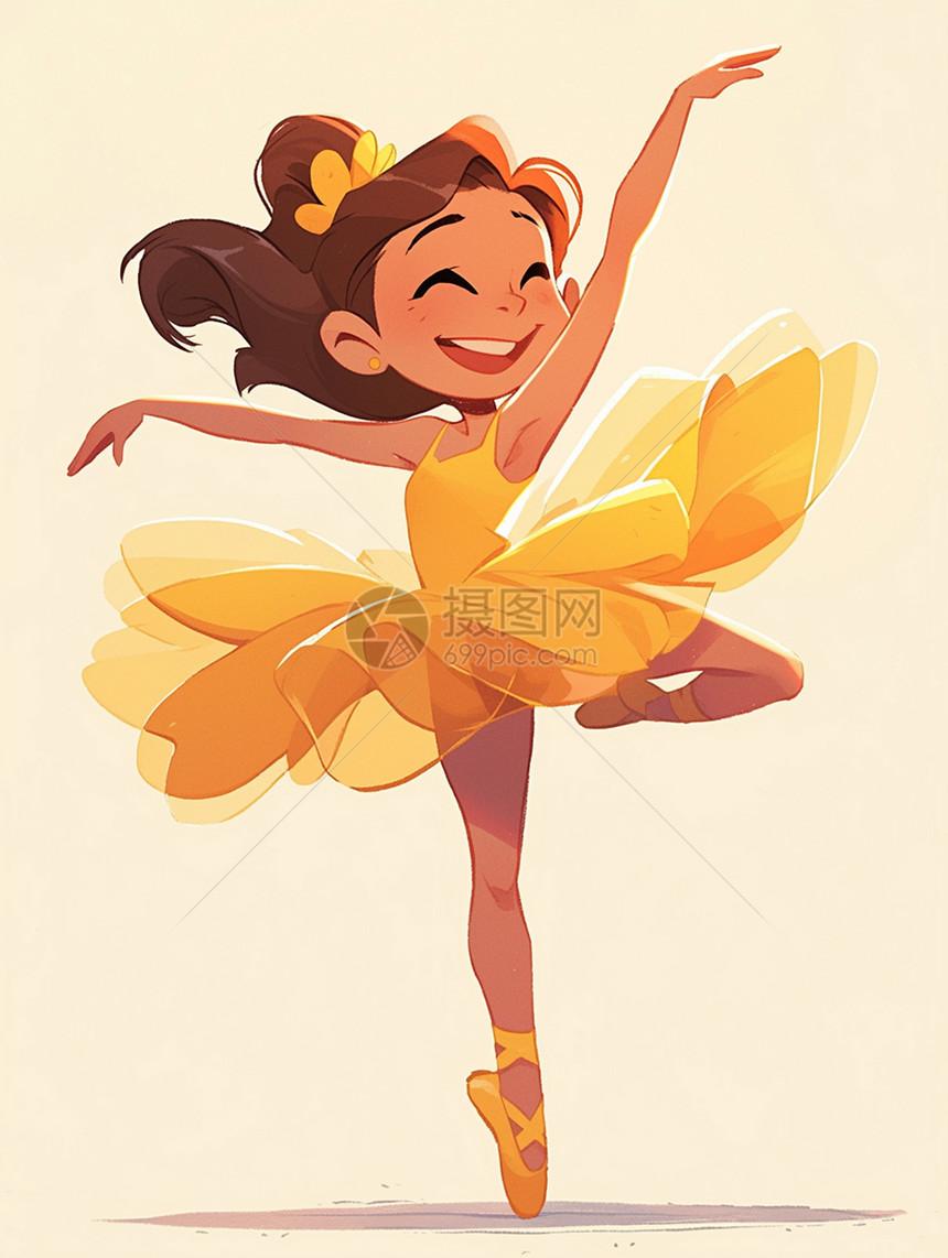 身穿黄色连衣裙跳舞的卡通女孩图片