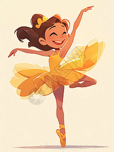 优雅的连衣裙身穿黄色连衣裙跳舞的卡通女孩插画