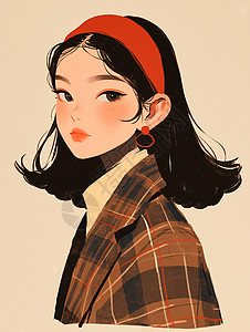 卡通发卡身穿复古风格子外套头戴红色发卡的女青年插画