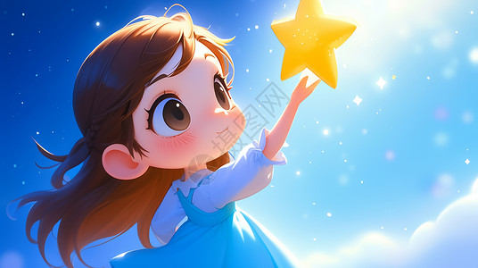 开心摘星星的可爱卡通小女孩高清图片