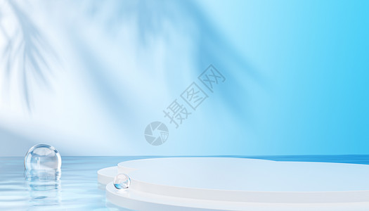 玻璃汽水立体夏日蓝色展台背景设计图片