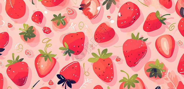 水果草莓粉色可爱的卡通草莓背景插画
