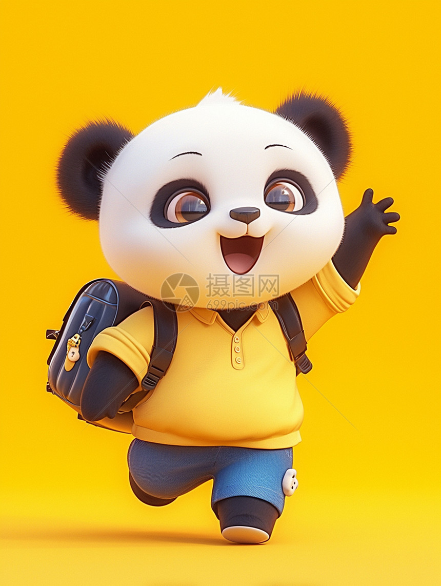 黄色T恤背着书包的可爱卡通大熊猫图片