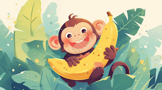 开心抱着香蕉的可爱卡通小猴子插画