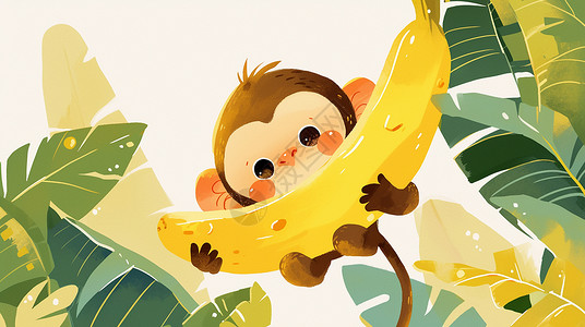 猴子捞月开心抱着香蕉的可爱卡通猴子插画