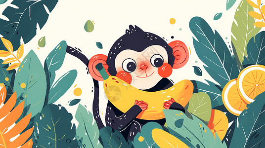 小猴子吃香蕉开心抱着香蕉的卡通小猴子插画