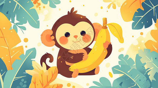 小猴子吃香蕉在植物丛林中抱着黄色香蕉的卡通小猴插画
