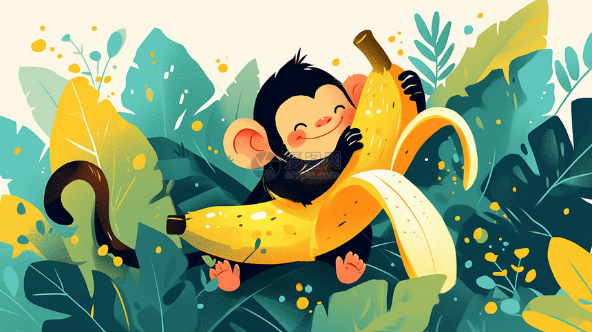 在丛林中抱着黄色香蕉的可爱卡通小猴图片