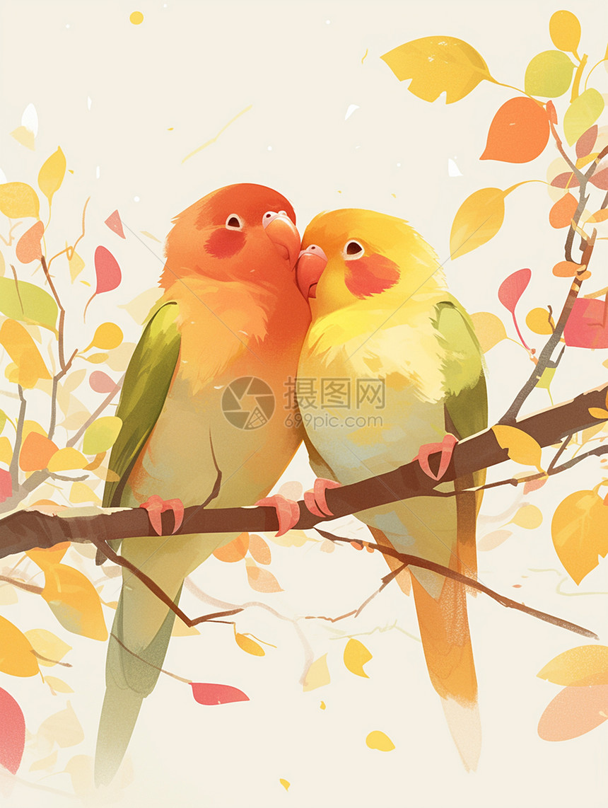 在树枝上两只甜蜜的小鸟图片