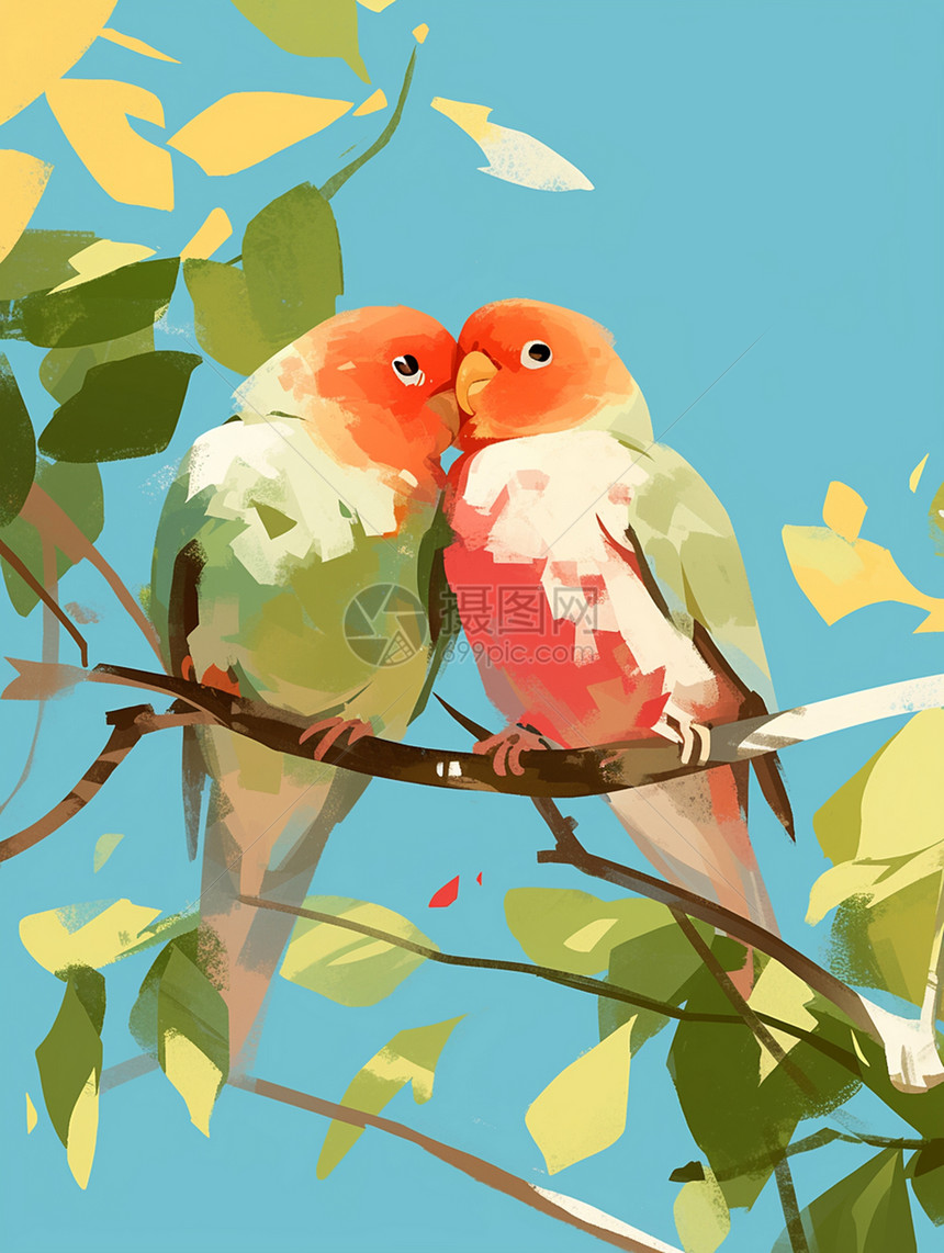 在树枝上两只甜蜜的卡通小鸟图片