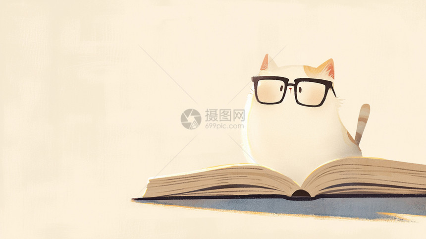 在打开的书籍上认真看书的卡通小猫图片
