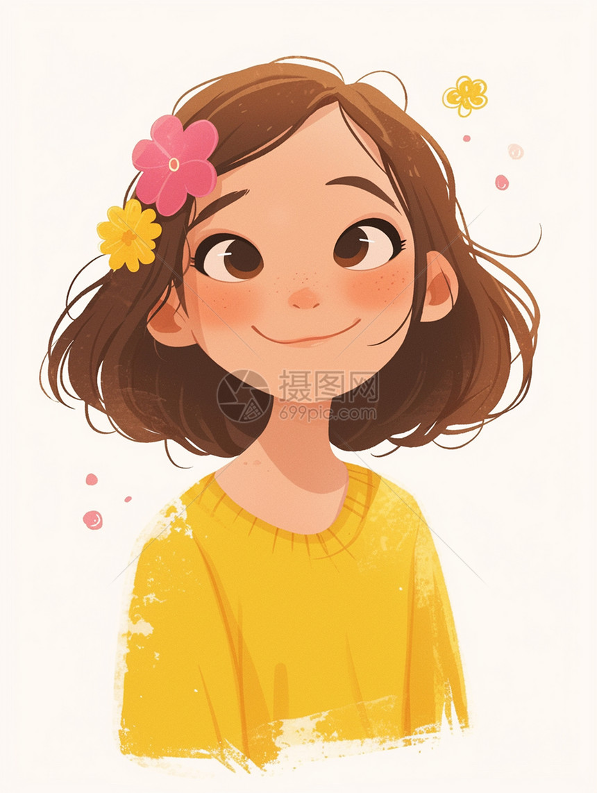头上戴着大大的粉色花朵穿着黄色上衣面带微笑的卡通小女孩图片