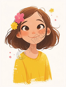 善意头上戴着大大的粉色花朵穿着黄色上衣面带微笑的卡通小女孩插画