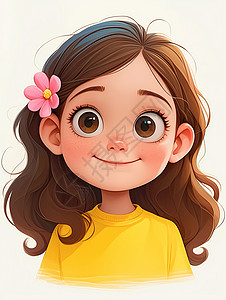 粉色头像素材头上戴着大大的粉色花朵穿着黄色上衣面带卡通小女孩插画