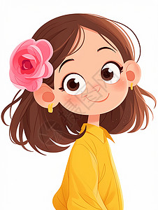 五角星上衣头上戴着大大的粉色花朵穿着黄色上衣面带微笑的卡通小女孩插画