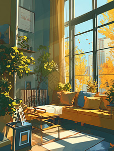 装修效果图客厅午后阳光透过窗子照进客厅插画