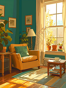 沙发盆栽温暖的午后阳光照进客厅插画