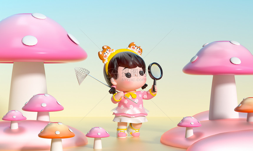 c4d立体卡通儿童节小女孩拿着放大镜探索蘑菇场景3d插画图片