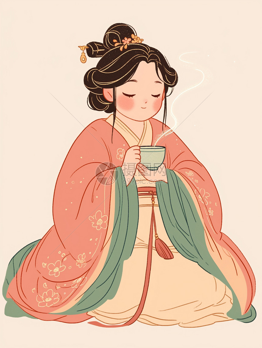 身穿汉服优雅的端着茶杯喝茶的卡通古风美女图片