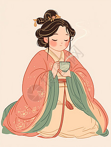 端着汤的美女身穿汉服优雅的端着茶杯喝茶的卡通古风美女插画