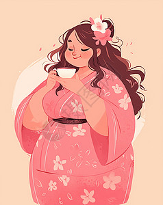 端着汤的美女身穿粉色汉服优雅的端着茶杯喝茶的古风美女插画