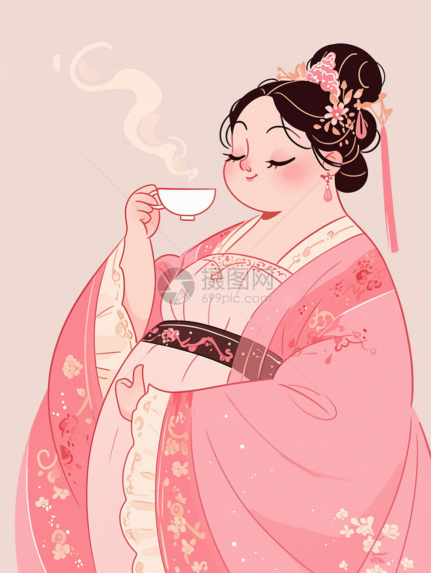 粉色汉服优雅的端着茶杯喝茶的卡通古风美女图片