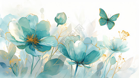 蓝色蝴蝶素材蓝色镶嵌金边的花瓣卡通花朵插画