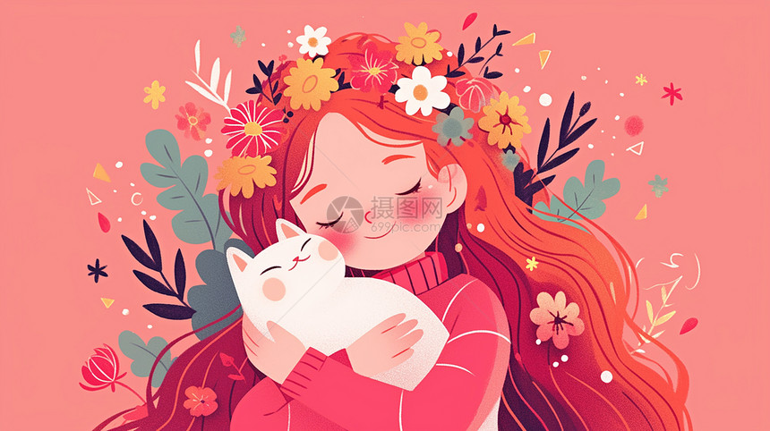 粉色长发漂亮可爱的卡通女孩抱着小白猫图片