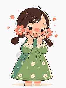绿色一字肩裙身穿裙头上戴着小花的可爱卡通小女孩插画