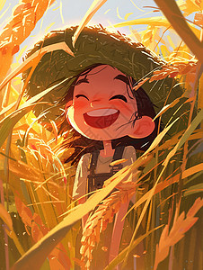 疯狂地在麦子地中戴着草帽开心笑的女孩插画