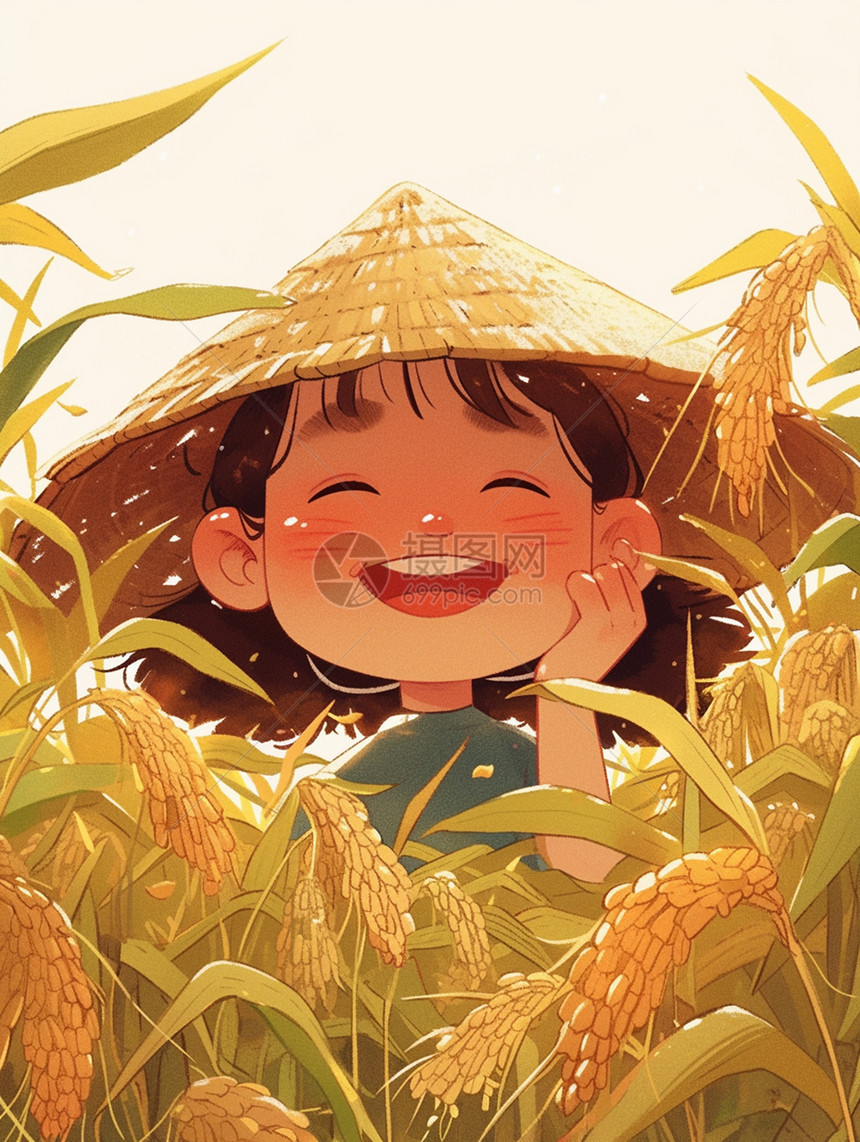 在麦子地中戴着开心笑的卡通女孩图片