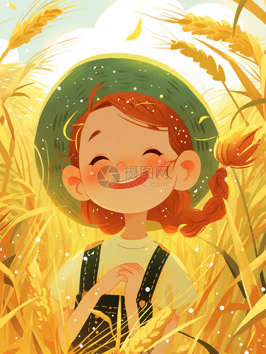 麦子地中戴着草帽开心笑的卡通女孩图片