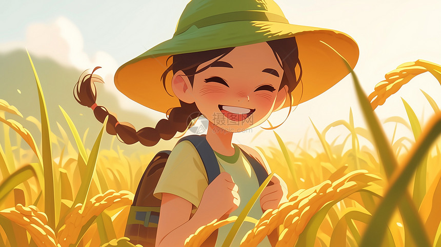 在麦子地中开心大笑的卡通头上草帽图片