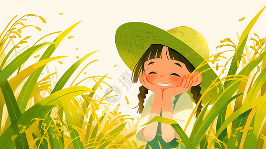 开心地笑在麦子地中开心大笑的小女孩头上戴着草帽插画