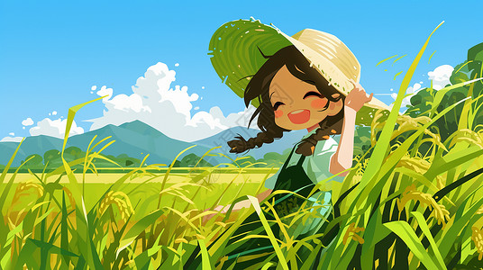 在麦子地中大笑的卡通小女孩头上戴着草帽高清图片