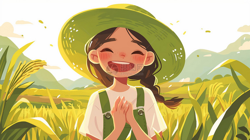 在麦子地中开心大笑的卡通小女孩头上戴着草帽图片